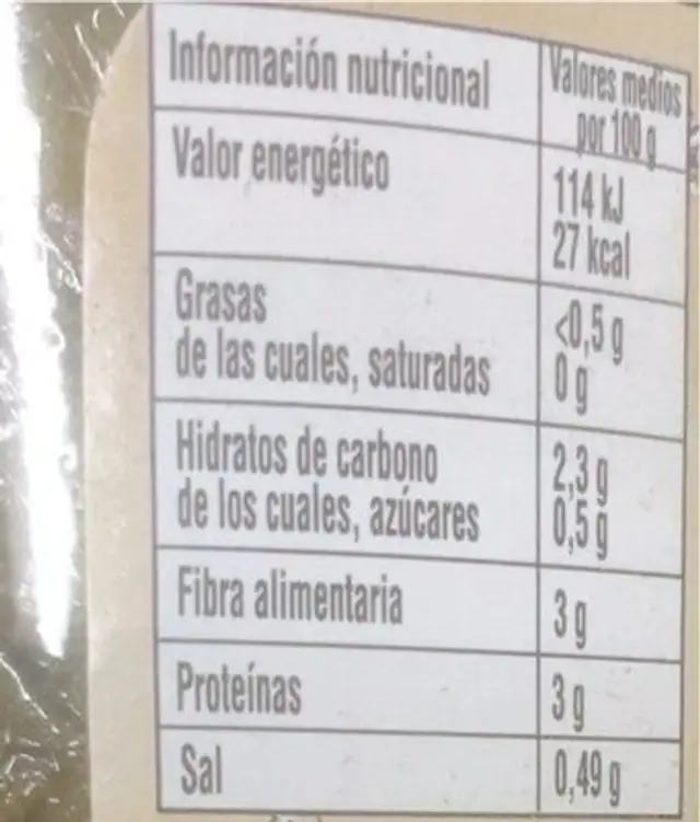 Espinacas primera nutrition facts table