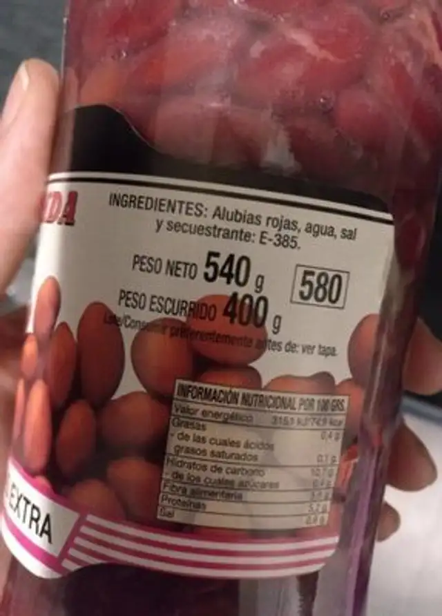 Alubias rojas nutrition facts table