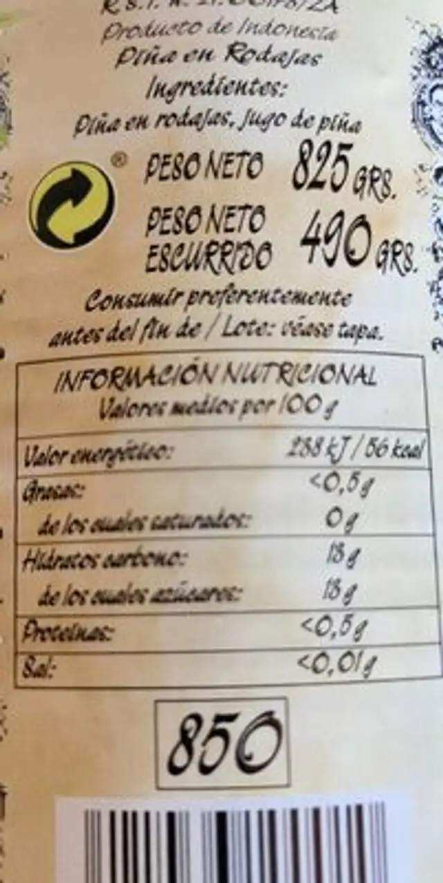 Piña en rodajas en su jugo nutrition facts table