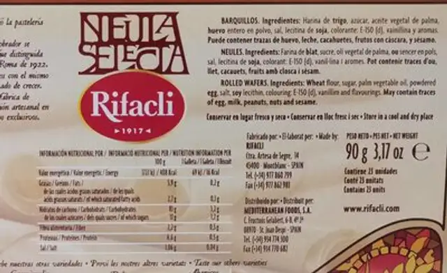 Neula Selecta nutrition facts table