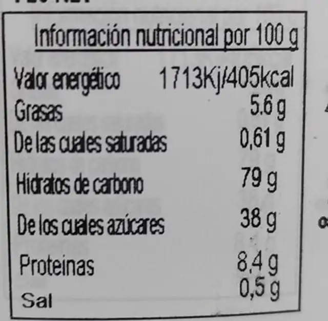 Carquinyolis almendras nutrition facts table