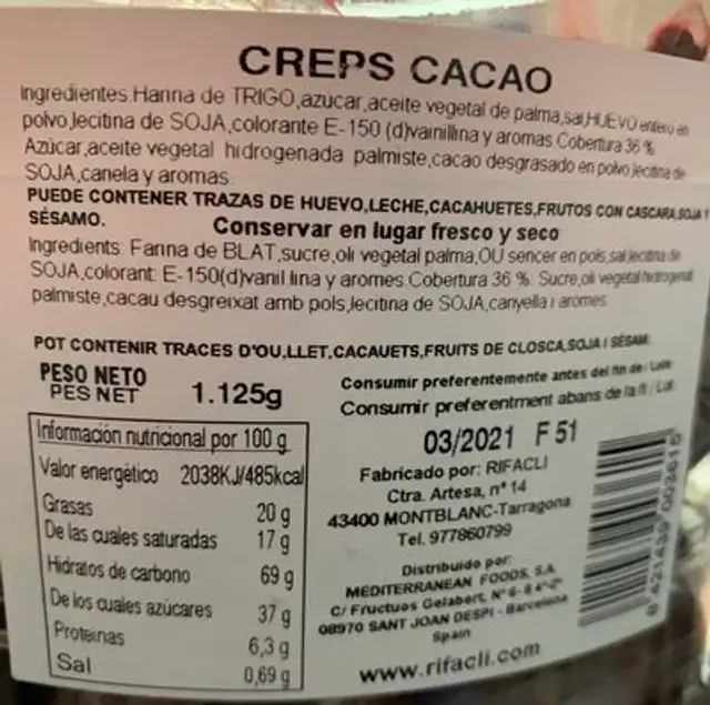 Creps cacao nutrition facts table