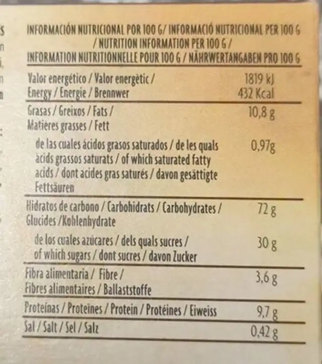 Carquinyolis nutrition facts table