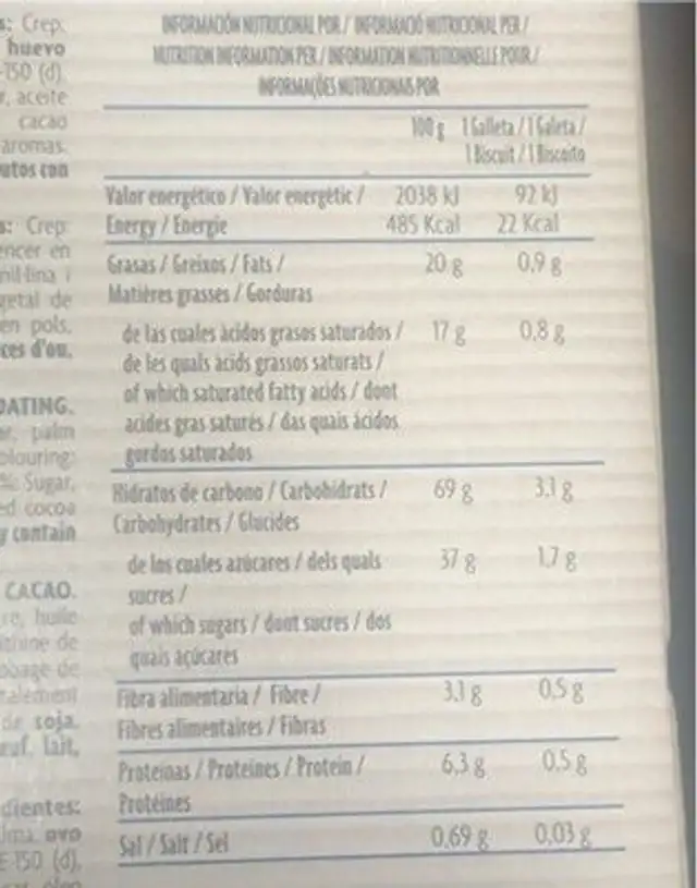 Creps Cacao nutrition facts table