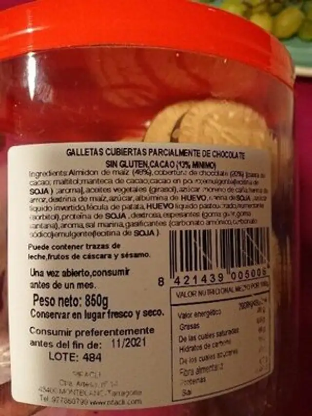 Chocomarias sin gluten ingredients label