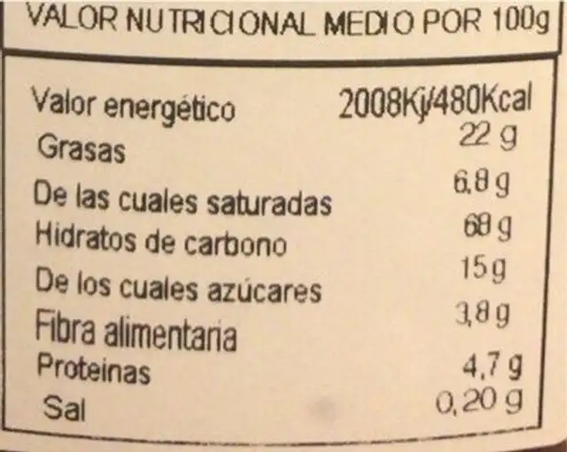 Chocomarias sin gluten nutrition facts table