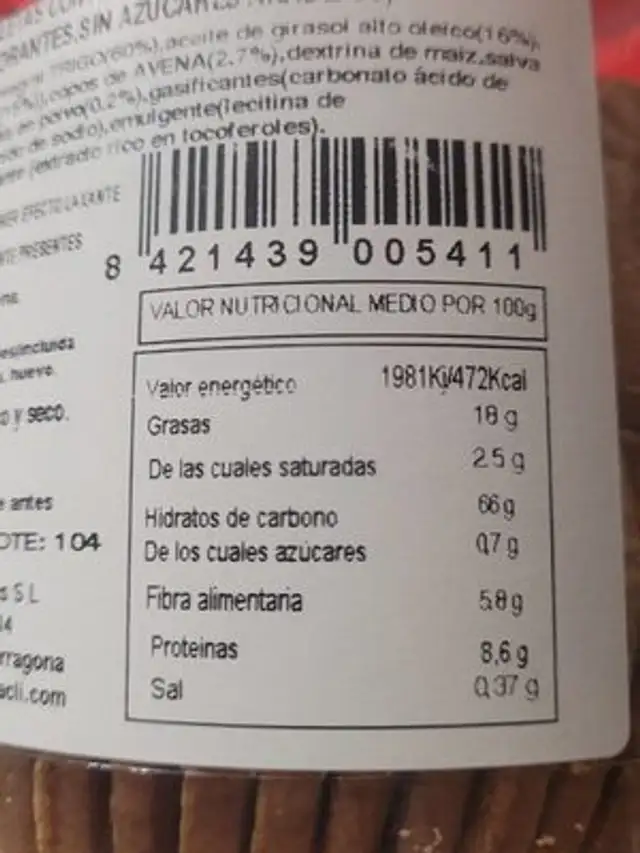 Galletas avena y canela sin azúcar nutrition facts table