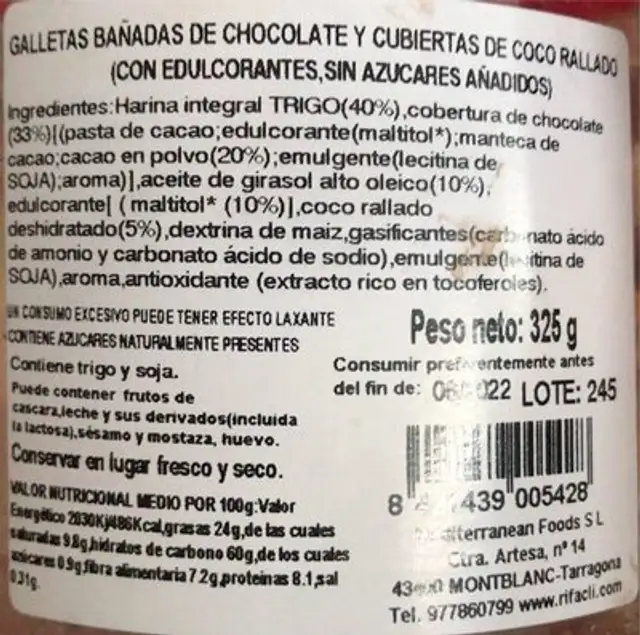 Galletas choco coco nutrition facts table