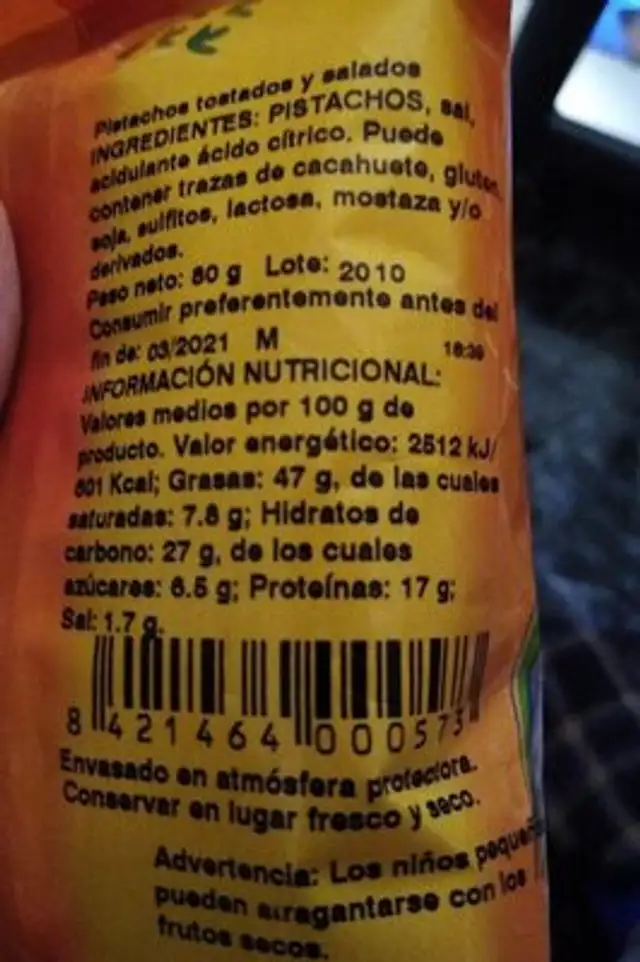 Solnuts Pistachos nutrition facts table