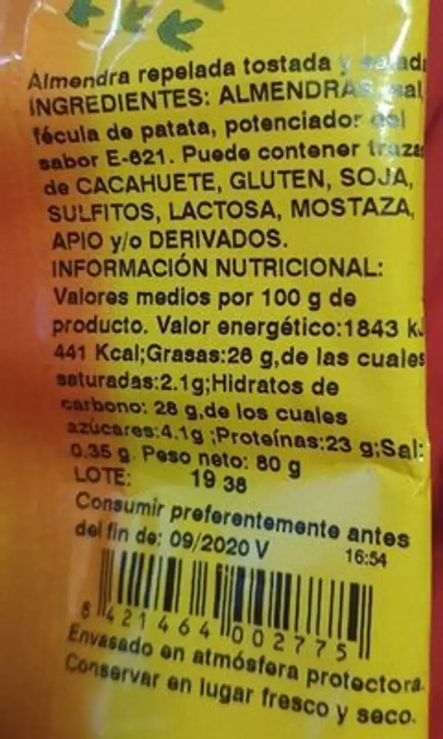 Almendras nutrition facts table