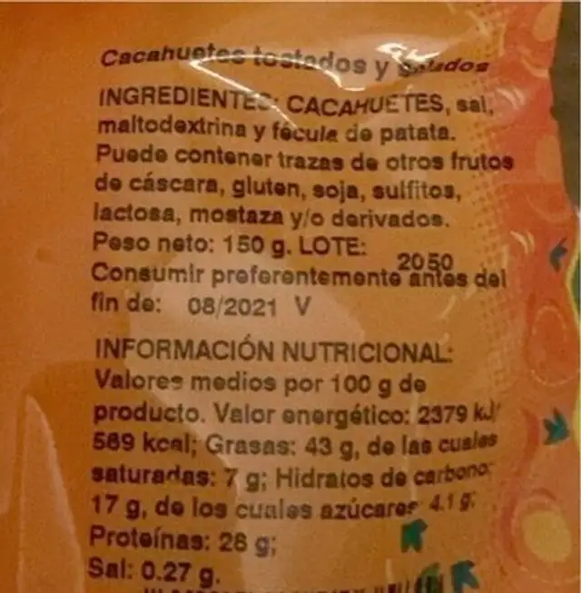 Cacahuetes tostados y salados nutrition facts table