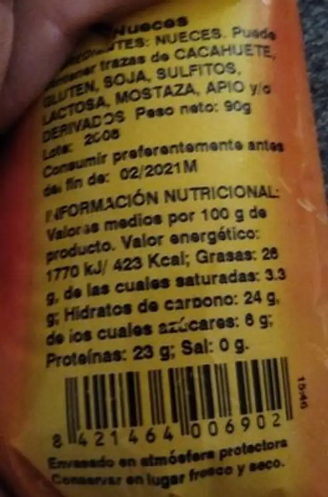 Solnuts Nueces nutrition facts table