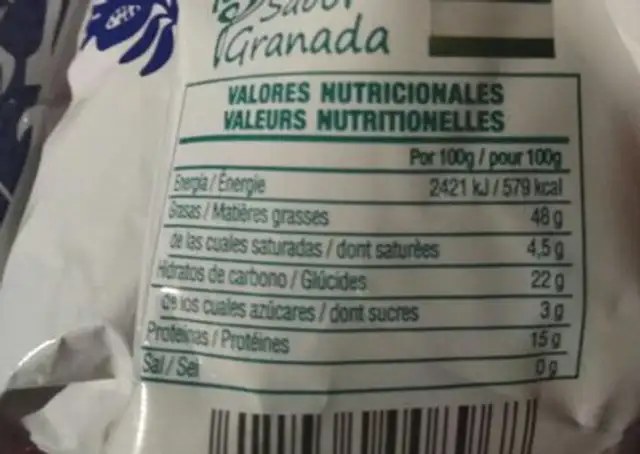 Pipas sin sal nutrition facts table
