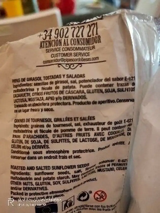 Pipas cordobesas ingredients label