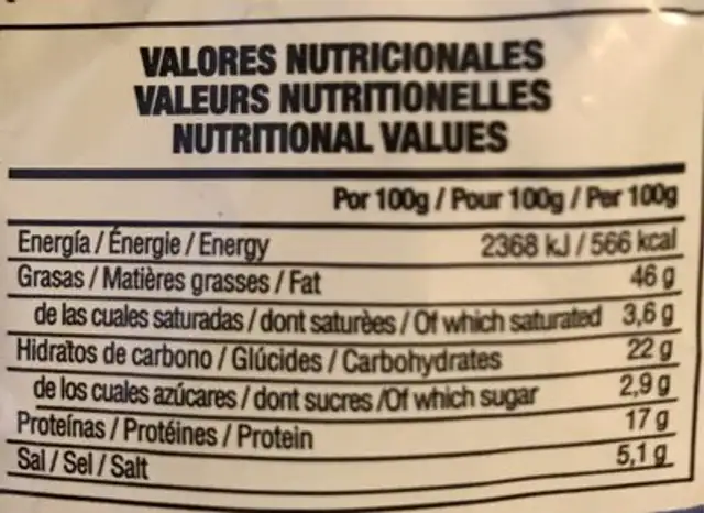 Pipas cordobesas nutrition facts table