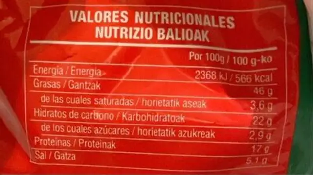 Pipas saladas nutrition facts table