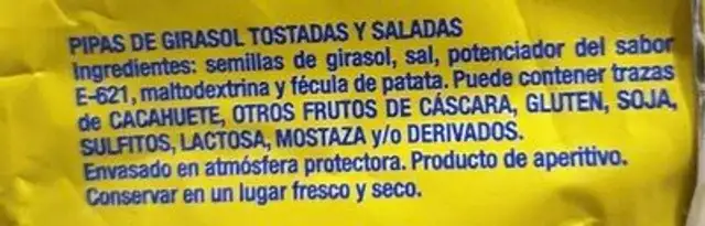 Pipas tostadas y saladas ingredients label