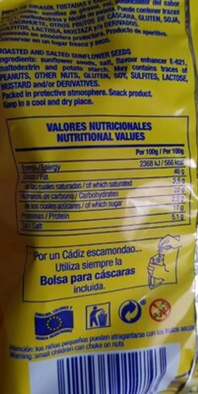 Pipas tostadas y saladas nutrition facts table