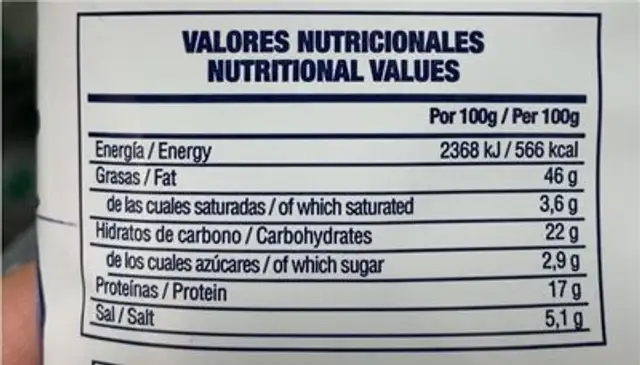 Valencianas Pipes Salaes nutrition facts table