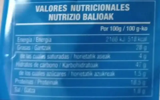 Pipas aguasal nutrition facts table