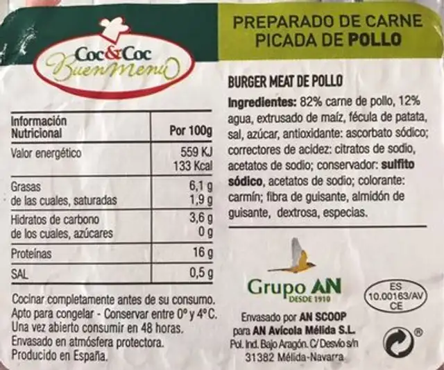Carne picada pollo 100% nutrition facts table