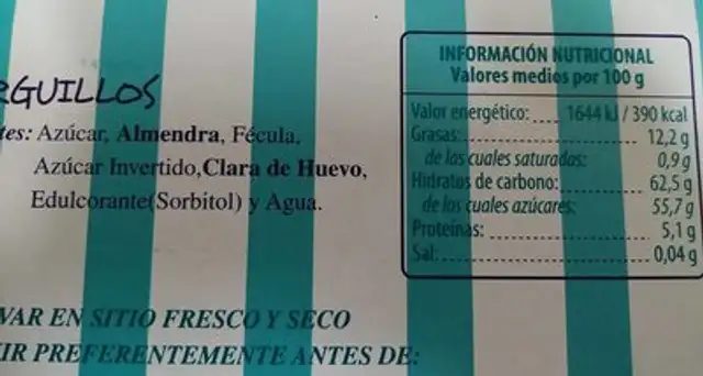 Amarguillos nutrition facts table