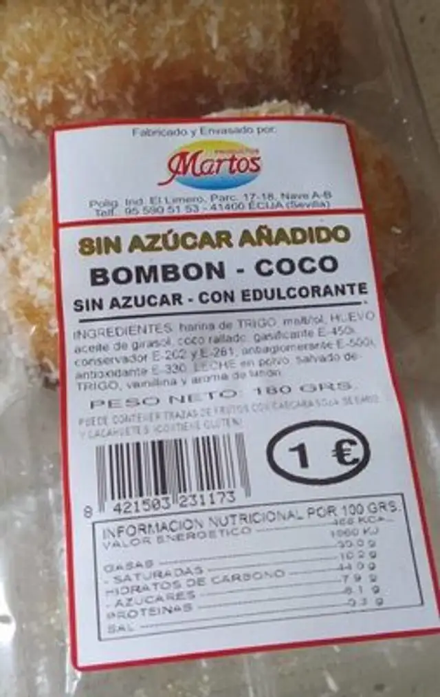 Bombón - coco nutrition facts table