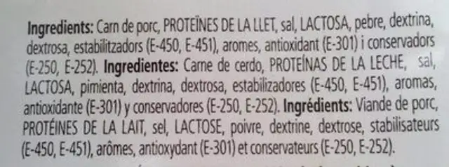 Salchichon Saucisson Llonganissa ingredients label