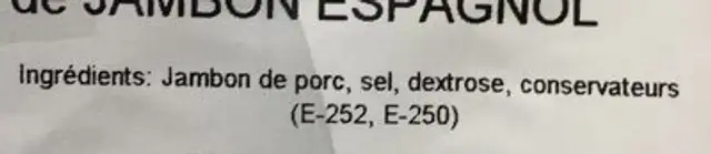 Jambon espagnol ingredients label