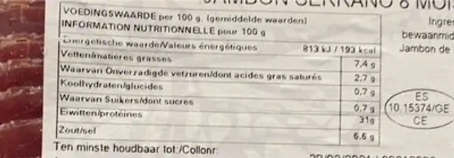 Jambon serrano 8 mois nutrition facts table