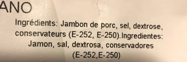 Jambon serrano ingredients label