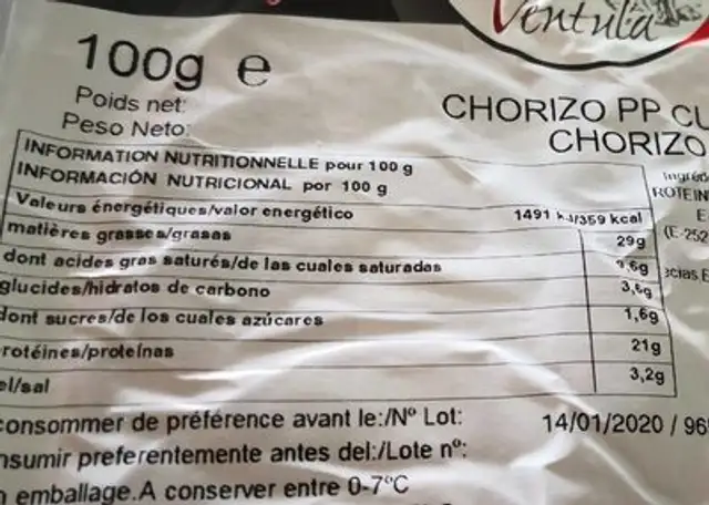 Chorizo Pp cular nutrition facts table