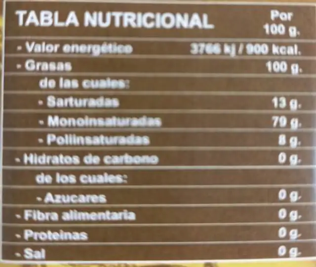 Aceite de oliva Virgen Extra nutrition facts table