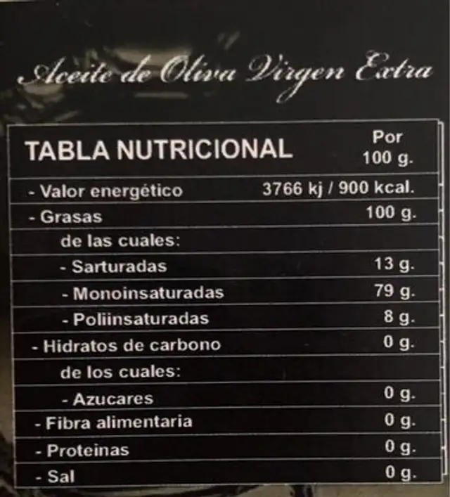 Aceite de oliva nutrition facts table