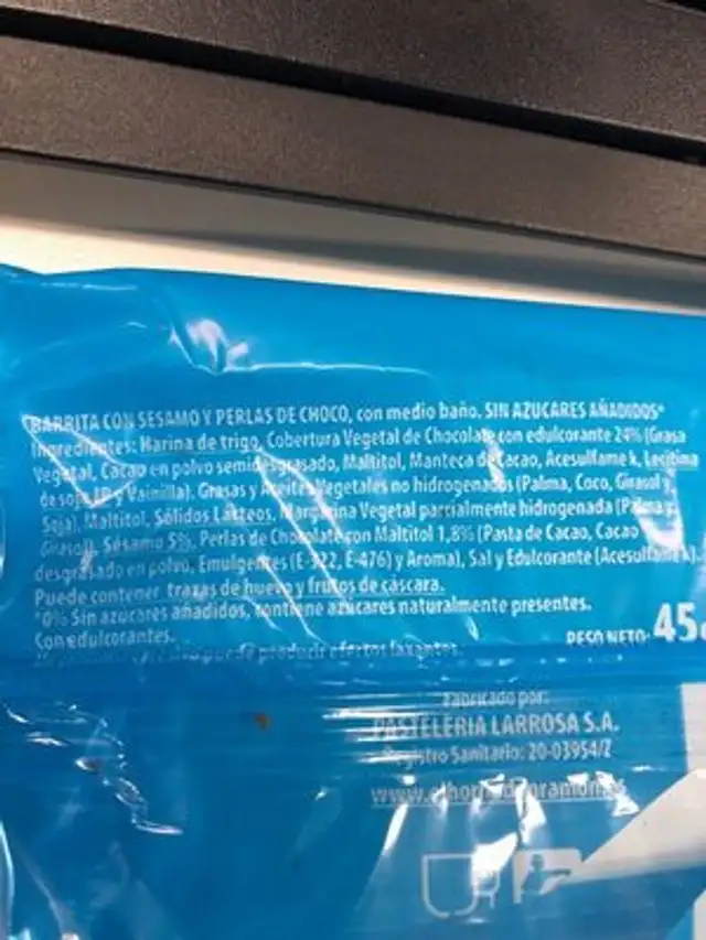 Barritas con sésamo ingredients label