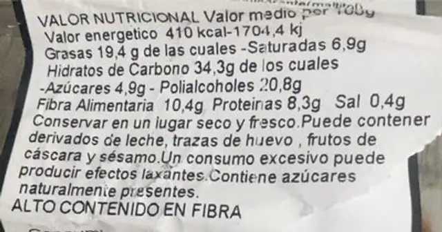 Galletas crujientes con avena nutrition facts table