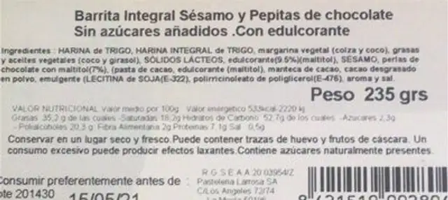 Barrita integral sesamo nutrition facts table