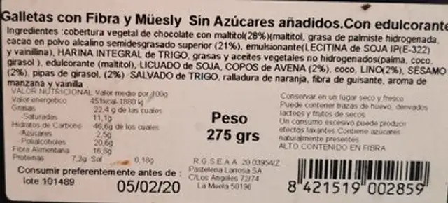Galletas selección nutrition facts table