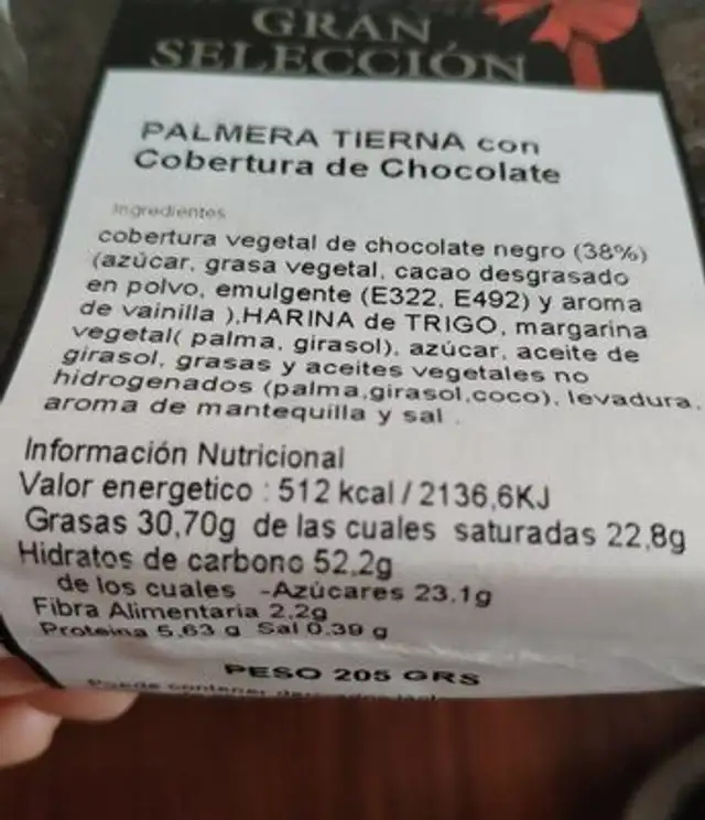 Palmera tierna nutrition facts table