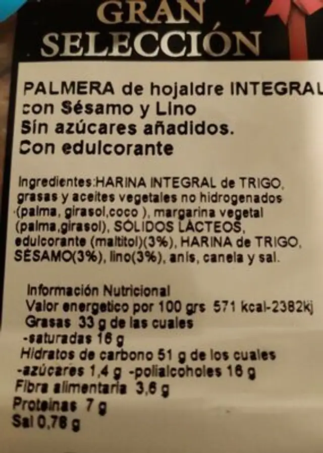 Palmera de hojaldre integral con sésamo y lino nutrition facts table
