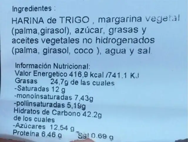 Palmerita de hojaldre de azucar nutrition facts table