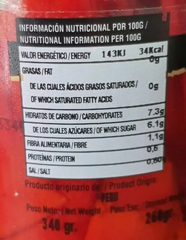 Pimientos del piquillo nutrition facts table