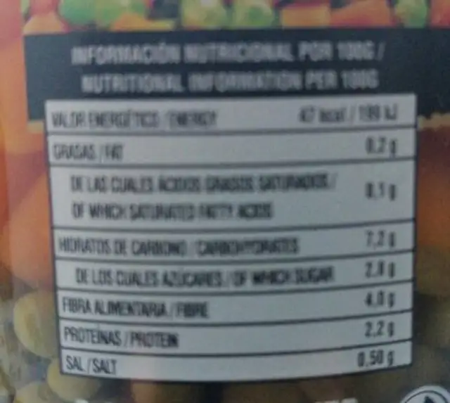 Guisantes con zanahorias nutrition facts table