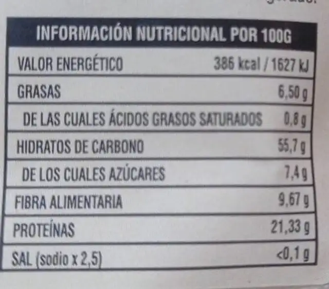 Harina de garbanzo nutrition facts table