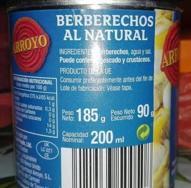 Berberechos al natural nutrition facts table