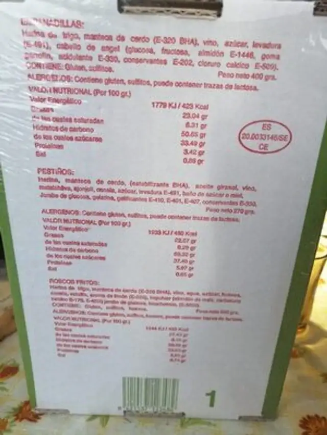 Rosquillas nutrition facts table