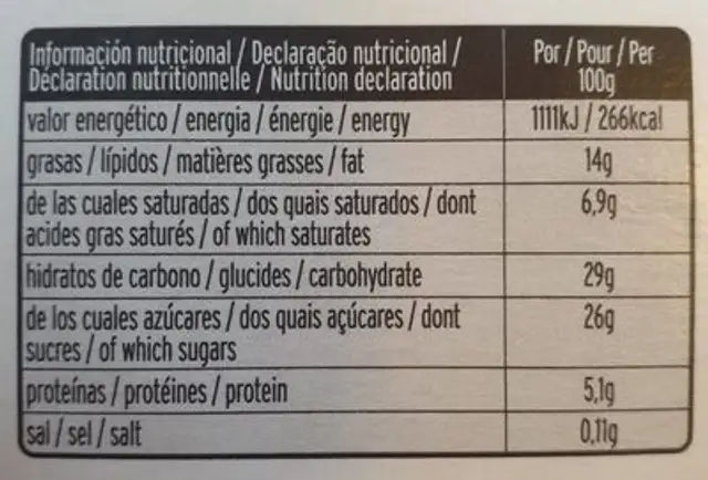 Tarta Poker Crocant nutrition facts table