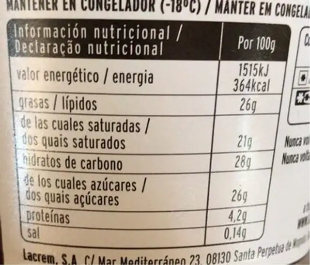 Bombones helados nutrition facts table