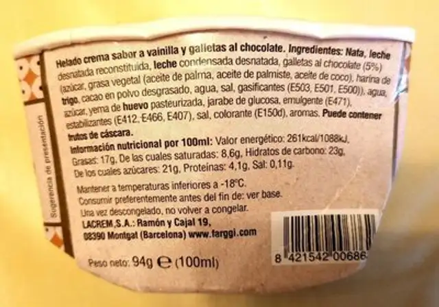Helado de Vainilla con Cookies nutrition facts table