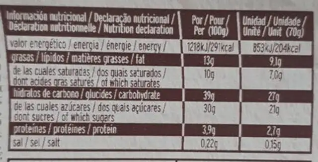 LACASITOS nutrition facts table